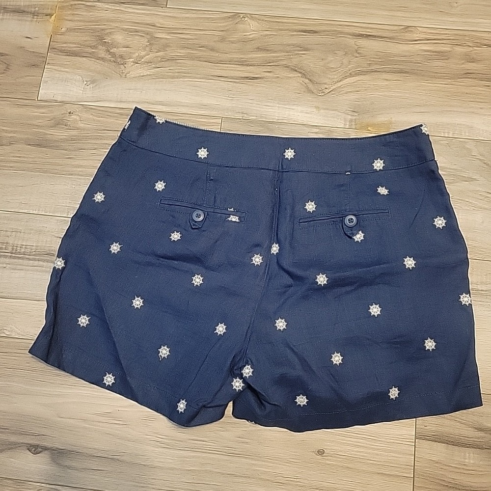 British Khaki Chino Linen Shorts‎ Womens 4 Blue Embroidered Helm AOP Flat Front
